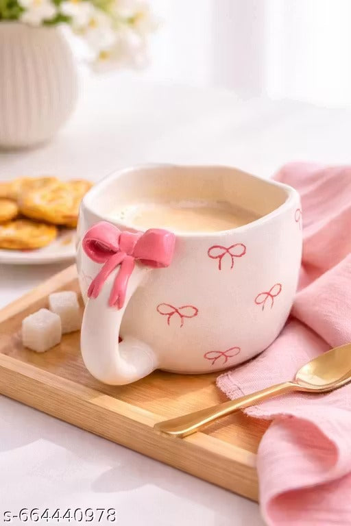 Handmade Ceramic Coffee Mug with Pink Bow | Cute Aesthetic Tea Cup | Artisan Ceramic Drinkware