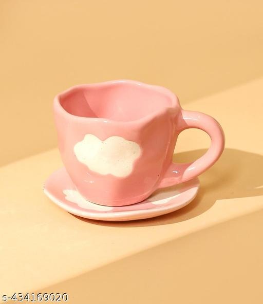 Handmade Pink Cloud Ceramic Coffee Cup & Saucer | Cute Aesthetic Tea Set | Artisan Drinkware