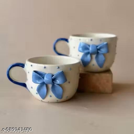 Handmade Ceramic Coffee Cup with Blue Bow | Cute Polka Dot Tea Mug | Aesthetic Ceramic Drinkware